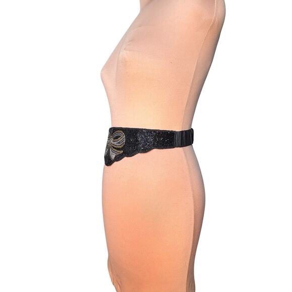 Vintage Black Beaded Bow Waist Belt Art Deco Glam Stretch Belt Handmade Coquette main image 6
